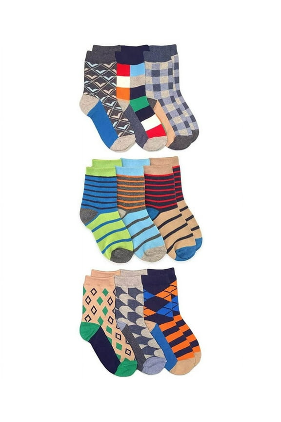 Boys Fashion Stripe Argyle Diamond Colorful Pattern Crew Socks 9 Pair Pack