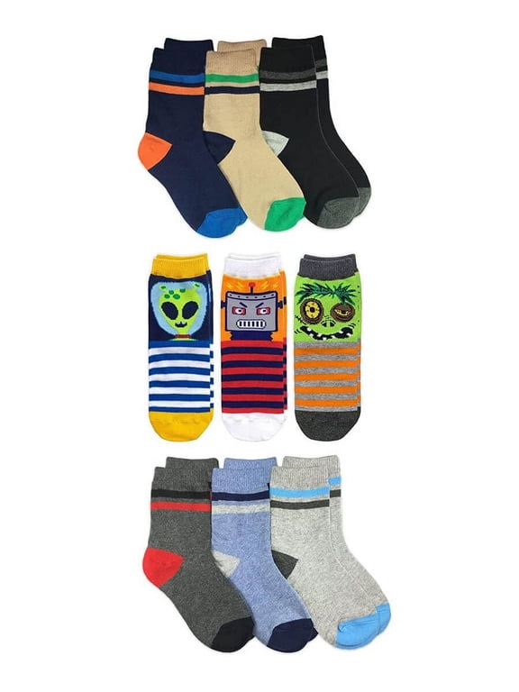 Boys Fashion Stripe Robot Zombie Pirate Pattern Crew Socks 9 Pair Pack