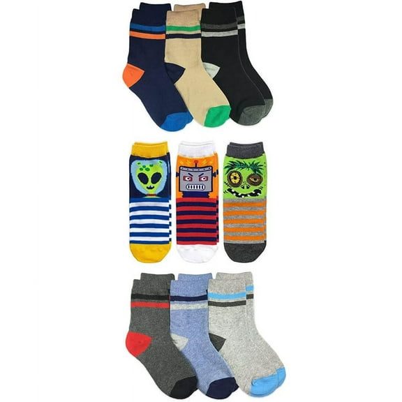 Jefferies Socks Boys Fashion Stripe Robot Zombie Pirate Pattern Crew Socks 9 Pair Pack