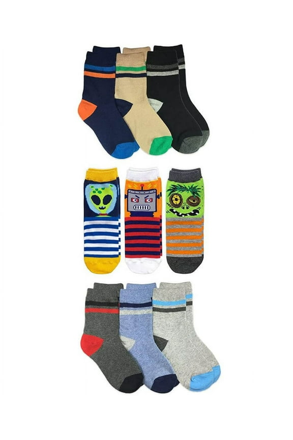 Boys Fashion Stripe Robot Zombie Pirate Pattern Crew Socks 9 Pair Pack