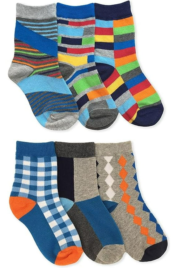 Boys Funky Stripe, Diamon, Check, Diamond Pattern Crew Socks 6 Pair Pack
