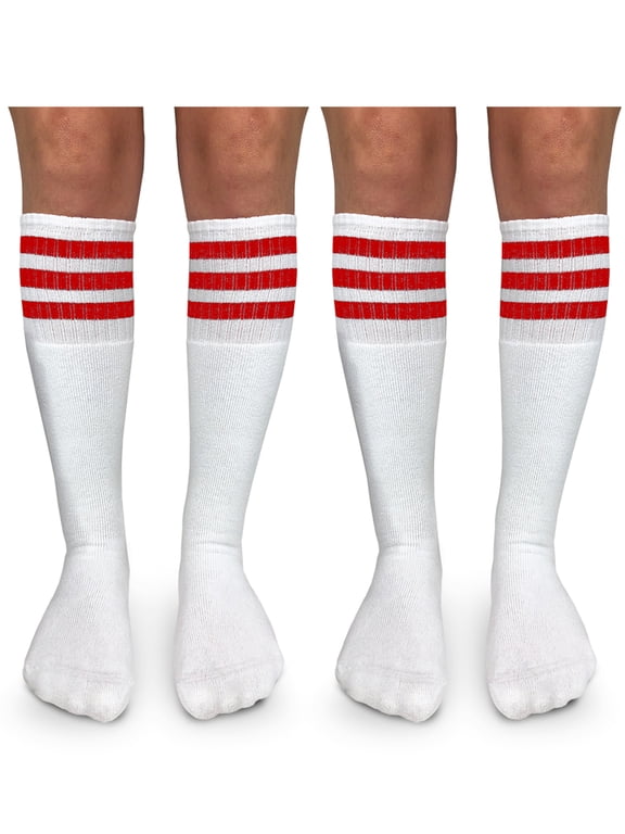 Boys Girls Socks, 2 Pack Stripe Cushion Unisex Tube Knee High Sizes S - L