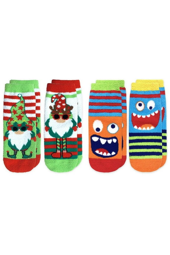Boys Holiday Gnome Monster Stripe Fuzzy Slipper Socks 4 Pack