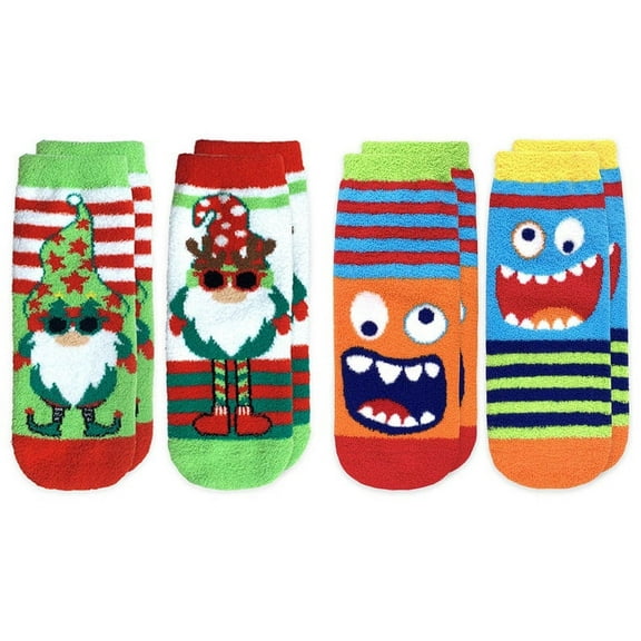 Jefferies Socks Boys Holiday Gnome Monster Stripe Fuzzy Slipper Socks 4 Pack