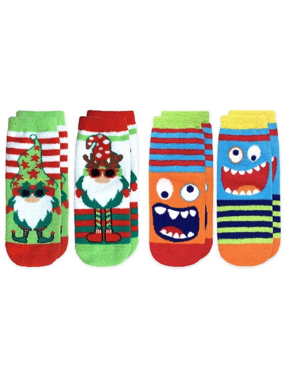 Boys Holiday Gnome Monster Stripe Fuzzy Slipper Socks 4 Pack