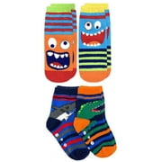 Jefferies Socks Boys Monster & Dinosaur Shark Fuzzy Non-Skid Slipper Socks 4 Pair Pack