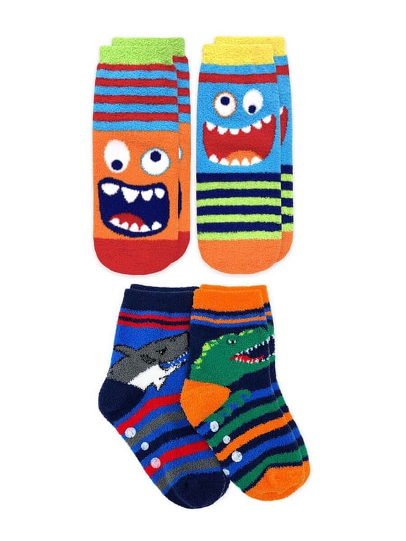 Boys Monster & Dinosaur Shark Fuzzy Non-Skid Slipper Socks 4 Pair Pack