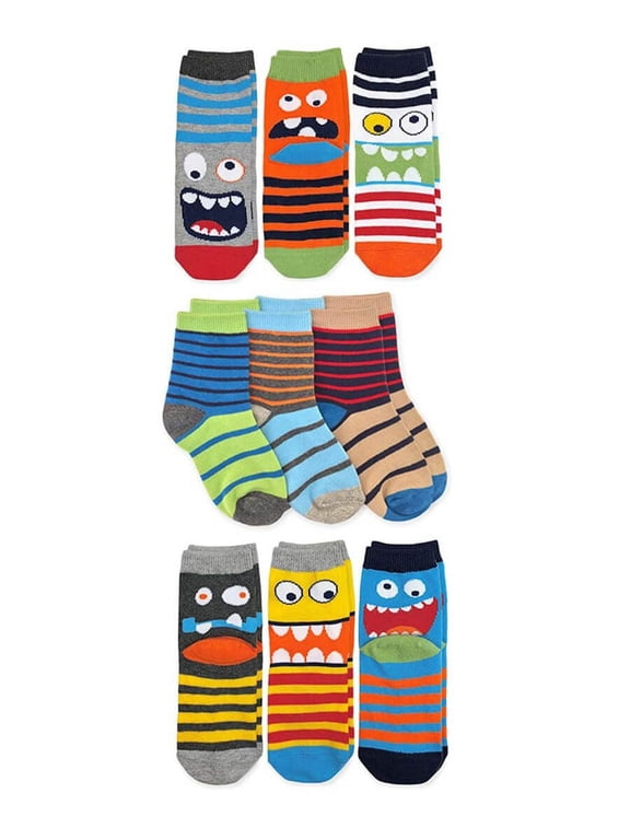 Boys Monsters Sharks Stripes Pattern Crew Socks 9 Pair Pack