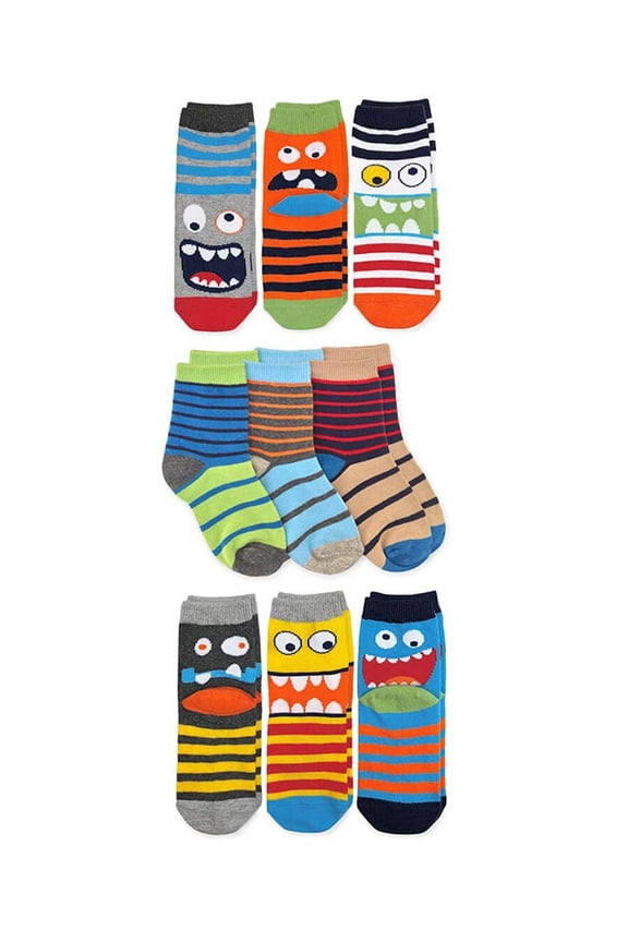 Boys Monsters Sharks Stripes Pattern Crew Socks 9 Pair Pack