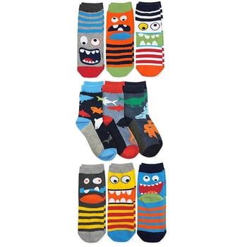Jefferies Socks Boys Monsters Sharks Stripes Pattern Crew Socks 9 Pair Pack