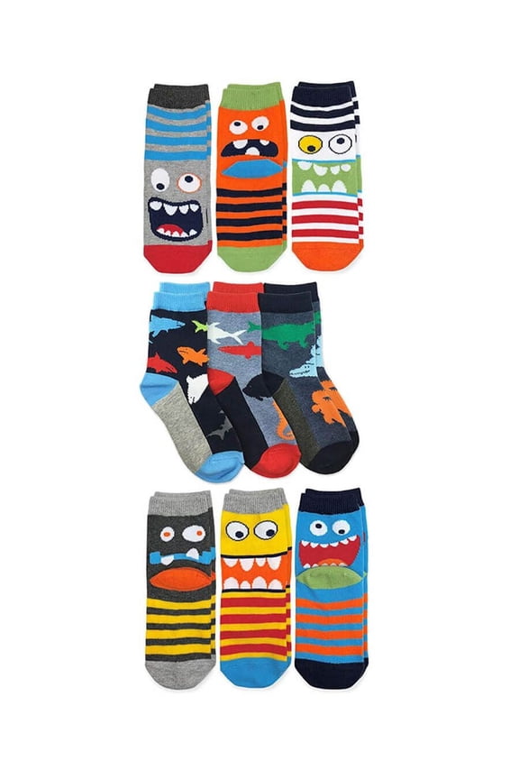 Boys Monsters Sharks Stripes Pattern Crew Socks 9 Pair Pack