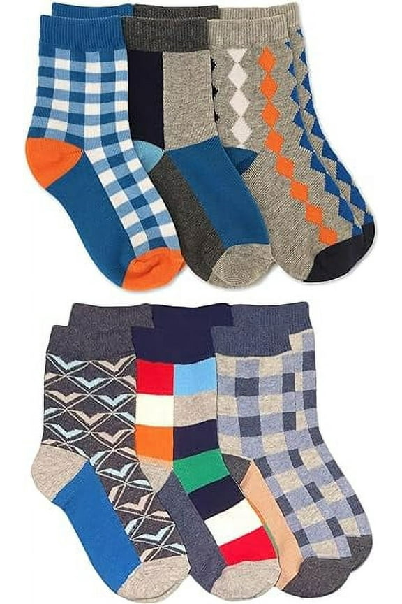 Boys Patterned Diamond Check Colorful Dress School Crew Socks 6 Pair Pack