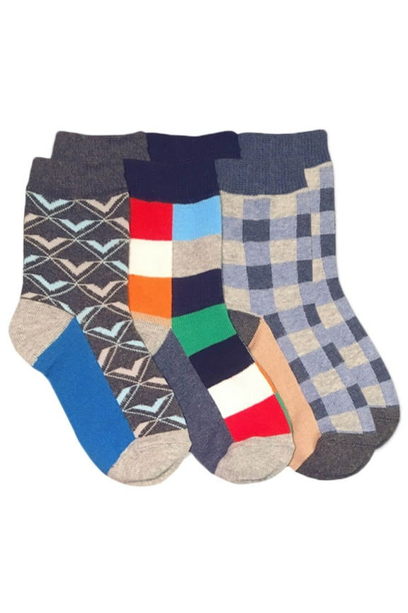 Boys Plaid Diamond Gingham Color Block Pattern Dress Crew Socks 3 Pair Pack