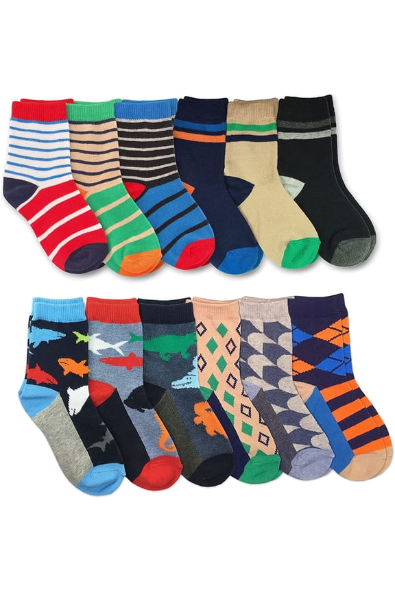 Boys Sharks Stripes Fashion Dress Crew Socks 12 Pair Pack