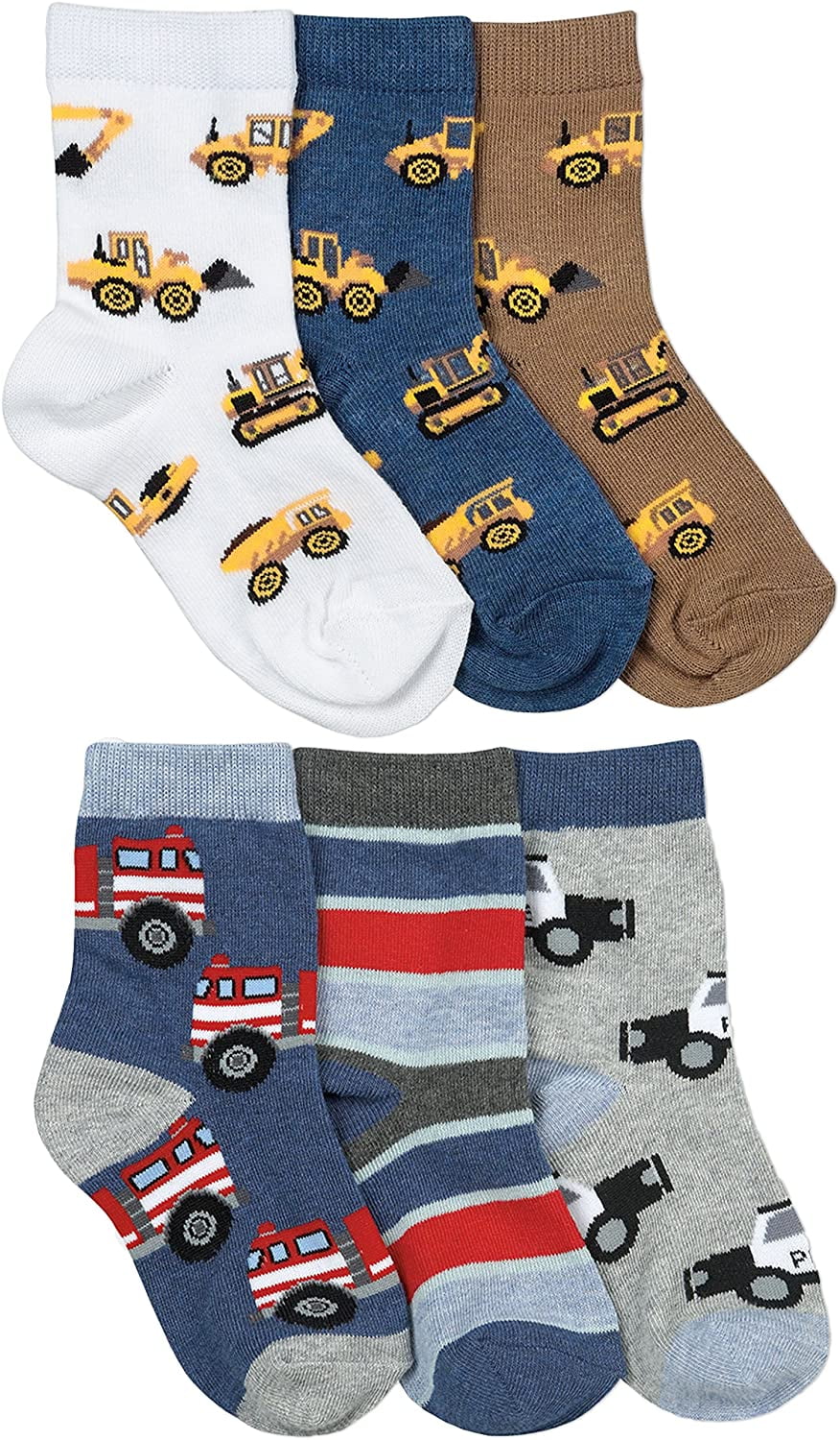 Jefferies Socks Boys Socks, 6 Pack Construction Equipment Rescue Vehicle Fashion Pattern Crew Sizes Toddler and XS - S