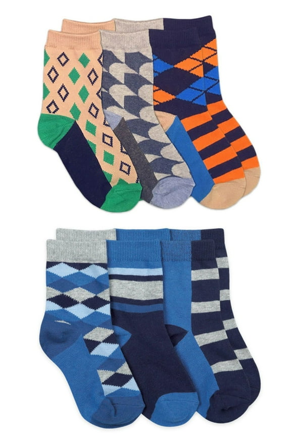 Boys Socks, 6 Pack Diamond Stripe Fashion Pattern Crew Sizes XS - M
