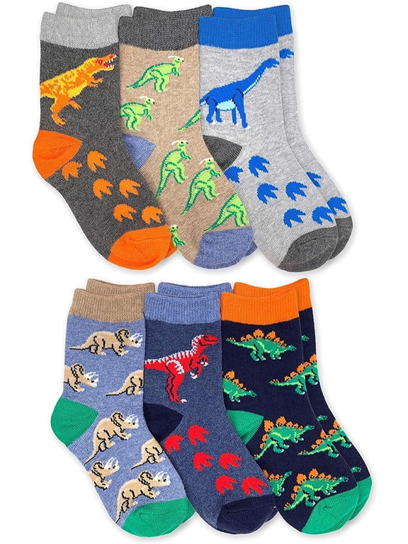 Boys Socks, 6 Pack Dinosaur Pattern Cotton Crew Socks (Little Boys & Big Boys)