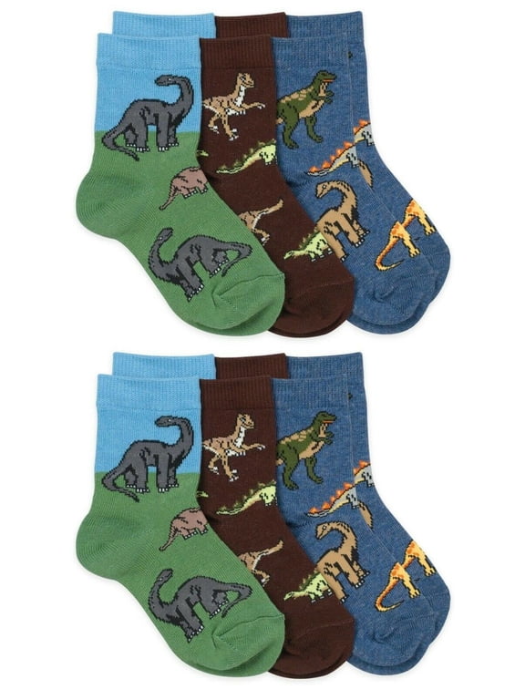 Boys Socks, 6 Pack Dinosaurs Animals Fun Pattern Crew Cotton Socks (Little Boys & Big Boys)