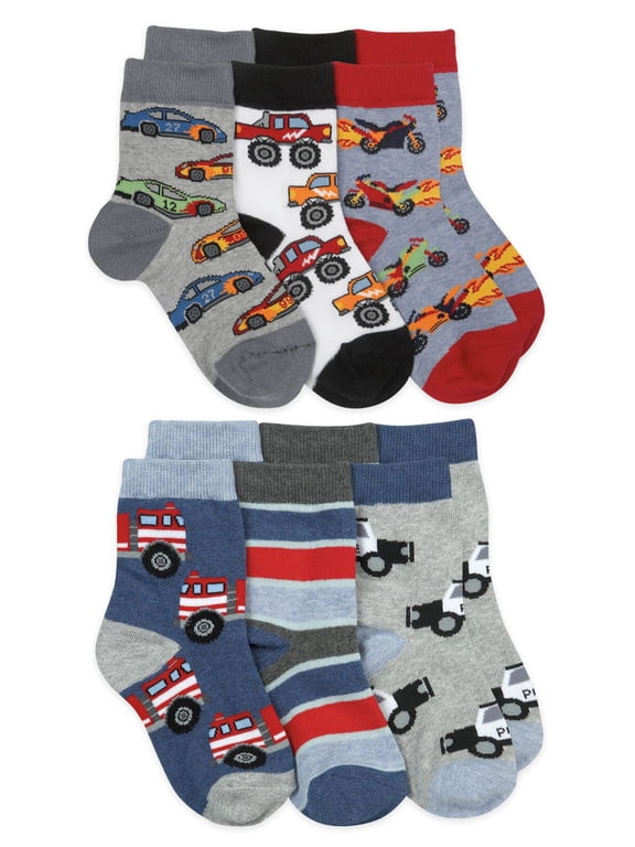 Boys Socks, 6 Pack Trucks Airplanes Fire Trucks Fun Pattern Crew Socks (Little Boys & Big Boys)