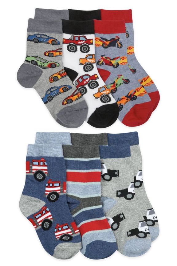 Boys Socks, 6 Pack Trucks Airplanes Fire Trucks Fun Pattern Crew Socks (Little Boys & Big Boys)