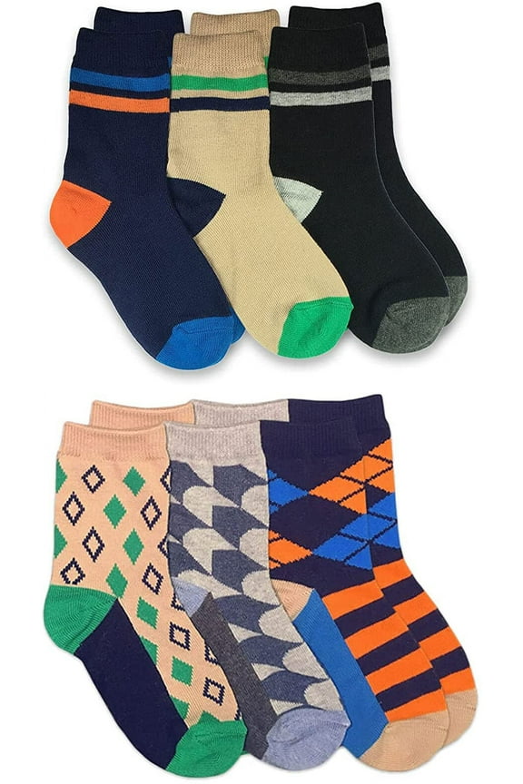 Boys Stripe Argyle Diamond Pattern Crew Socks 6 Pair Pack