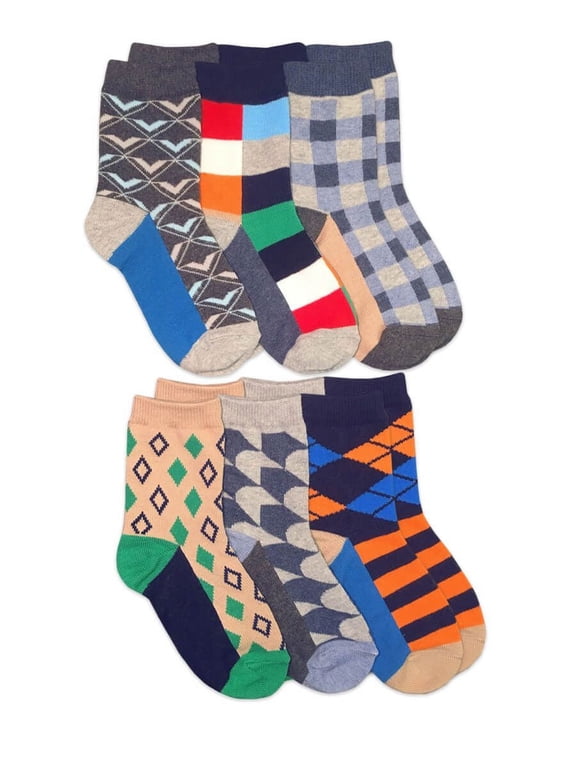 Boys Stripe Multicolor Pattern Dress Crew Socks 6 Pair Pack