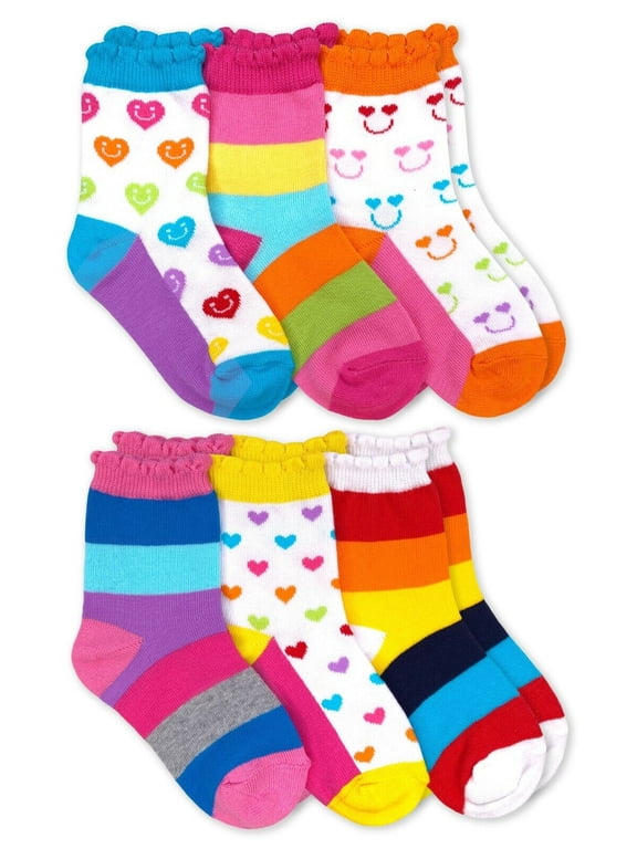 Girl's Rainbow Stripes Hearts Smiley Face Crew Socks 6 Pair Pack