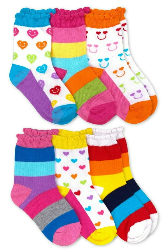 Girl's Rainbow Stripes Hearts Smiley Face Crew Socks 6 Pair Pack