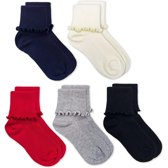 Jefferies Socks Girl's Ruffle Trim Seamless Cotton Knit Turn Cuff Crew Ankle Socks 5 Pair Pack