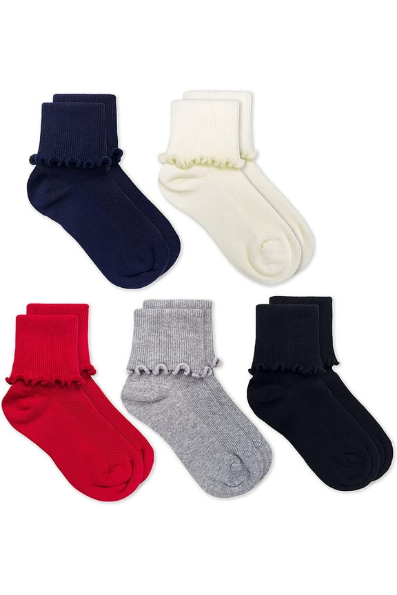 Girl's Ruffle Trim Seamless Cotton Knit Turn Cuff Crew Ankle Socks 5 Pair Pack