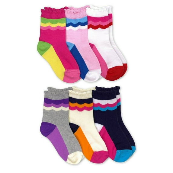 Jefferies Socks Girl's Scalloped Stripe Crew Socks 6 Pair Pack