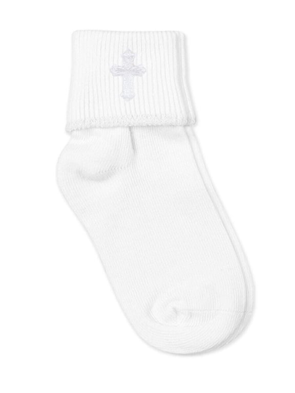 Girls Boys Cross Embroidered Seamless Cotton Turn Cuff Dress Socks 1 Pair Pack