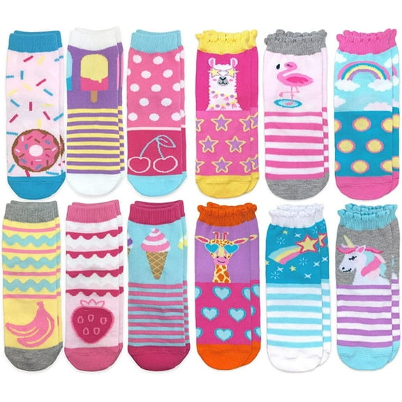 Jefferies Socks Girls Fashion Novelty Animal Icecream Rainbow Pattern Crew Socks 12 Pair Pack