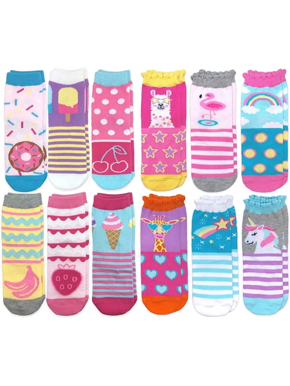 Girls Fashion Novelty Animal Icecream Rainbow Pattern Crew Socks 12 Pair Pack