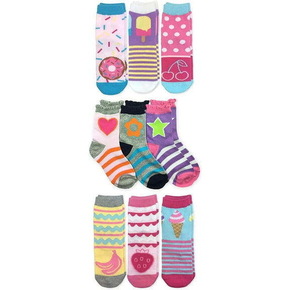 Jefferies Socks Girls Fashion Novelty Sweet Treats Colorful Stripes Pattern Crew Socks 9 Pair Pack