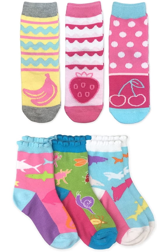 Girls Fruit Shark Fish Bugs Pattern Crew Socks 6 Pair Pack