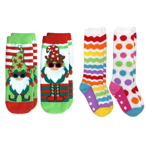 Jefferies Socks Girls Holiday Gnome Rainbow Stripe Fuzzy Slipper Socks 4 Pack