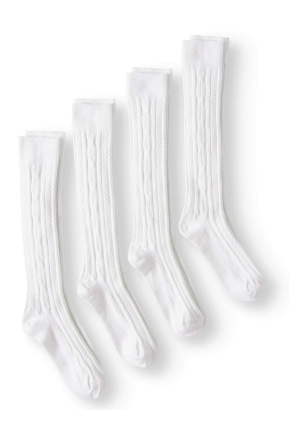 Girls Knee High Cable Knit Acrylic School Socks 4-Pack, Sizes 4-14