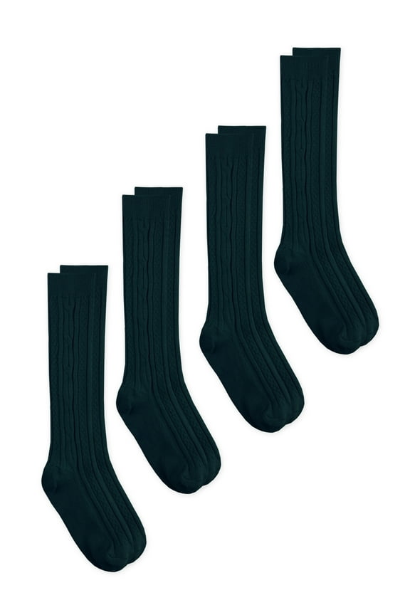 Girls Knee High Cable Knit Acrylic School Socks 4-Pack, Sizes 4-14