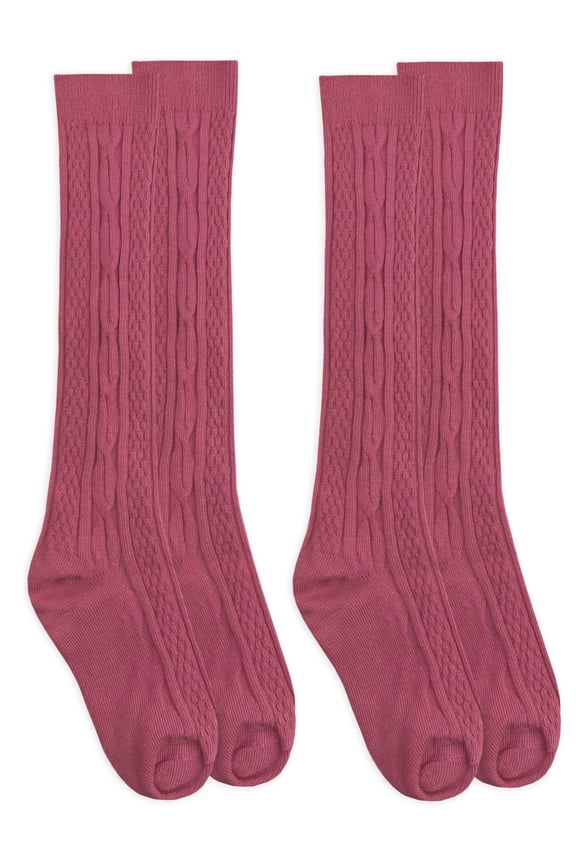 Girls Knee High Cable Knit Socks 2-Pack, Sizes XS-M