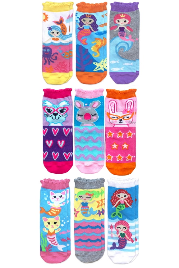 Girls Mermaid Animals Pattern Fashion Crew Socks 9 Pack