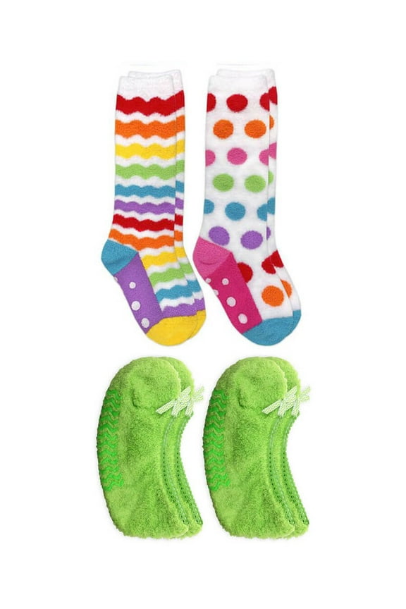 Girls Rainbow Dot & Footie Fuzzy Non-Skid Slipper Socks 4 Pair Pack