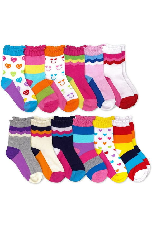 Girls Rainbow Novelty Pattern Variety Crew Socks 12 Pair Pack