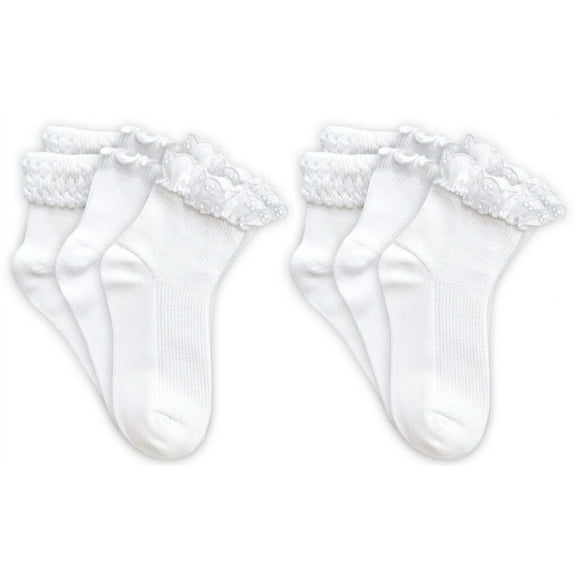 Jefferies Socks Girls Seamless Eyelet Lace Ruffle Bubble Stitch White Ankle Quarter Socks 6 Pair Pack