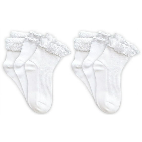 Jefferies Socks Girls Seamless Eyelet Lace Ruffle Bubble Stitch White Ankle Quarter Socks 6 Pair Pack
