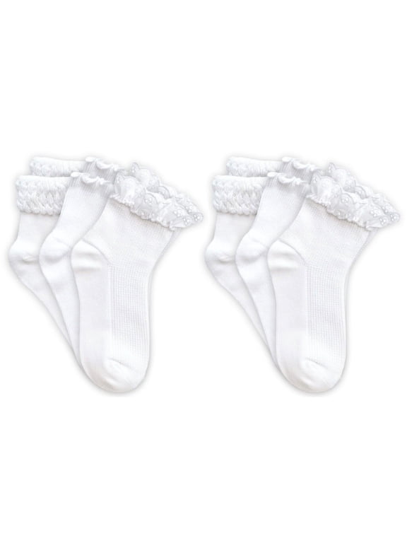 Girls Seamless Eyelet Lace Ruffle Bubble Stitch White Ankle Quarter Socks 6 Pair Pack