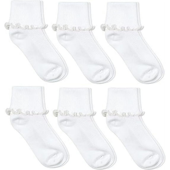 Jefferies Socks Girls Seamless Ripple Ruffle Lace Trim School Uniform Turn Cuff Socks 6 Pair Pack