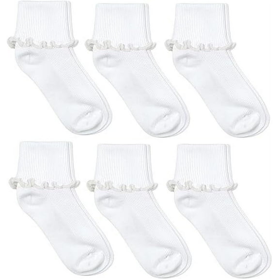 Jefferies Socks Girls Seamless Ripple Ruffle Lace Trim School Uniform Turn Cuff Socks 6 Pair Pack