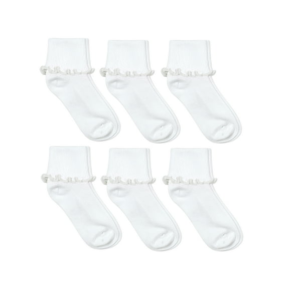 Jefferies Socks Girls Seamless Ripple Ruffle Lace Trim School Uniform Turn Cuff Socks 6 Pair Pack