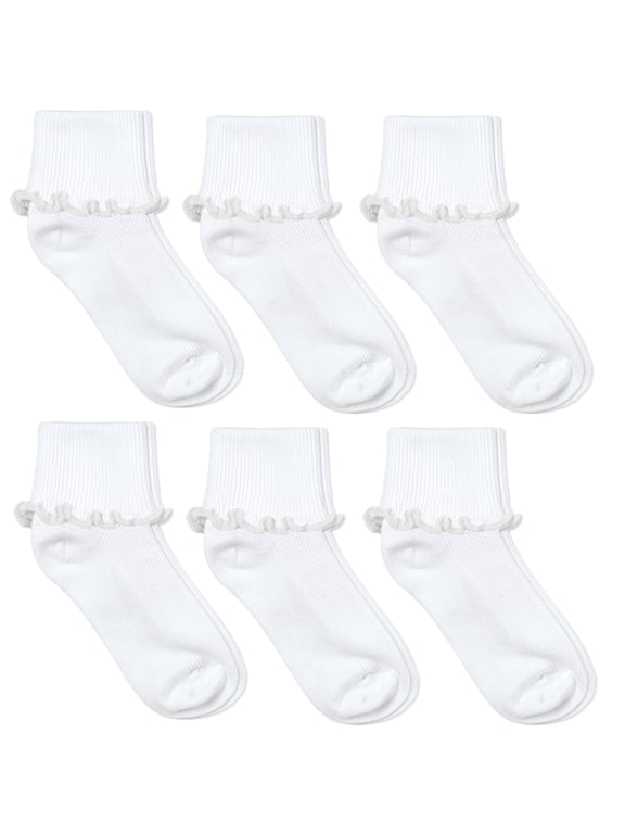 Girls Seamless Ripple Ruffle Lace Trim School Uniform Turn Cuff Socks 6 Pair Pack